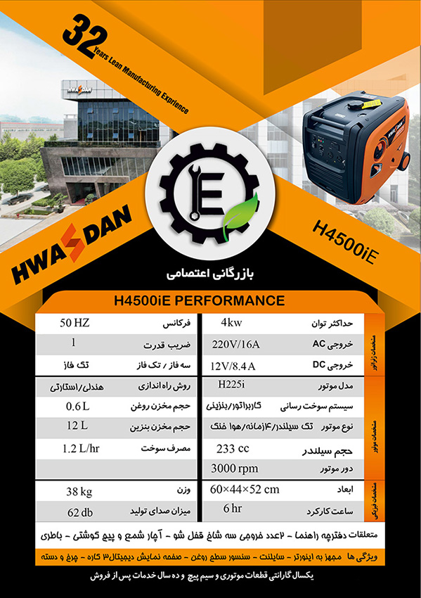 مشخصات موتور برق هواسدان H4500iE سایلنت 